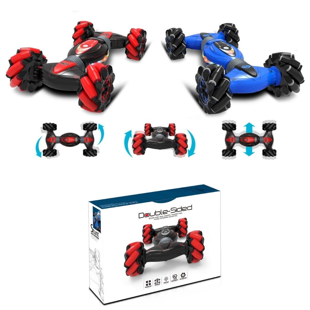 Voitures télécommandées rouge et bleue présentation