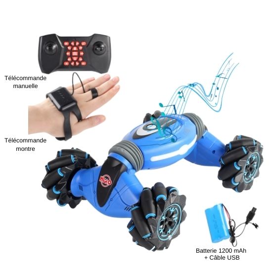 Voiture telecommandee bleue version 4x4 surelevée