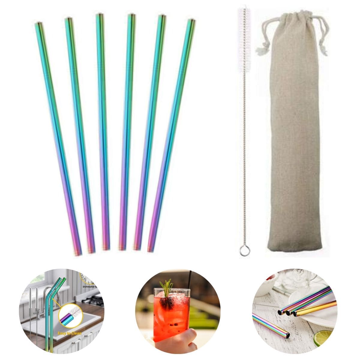 6 Pailles Reutilisables en Inox